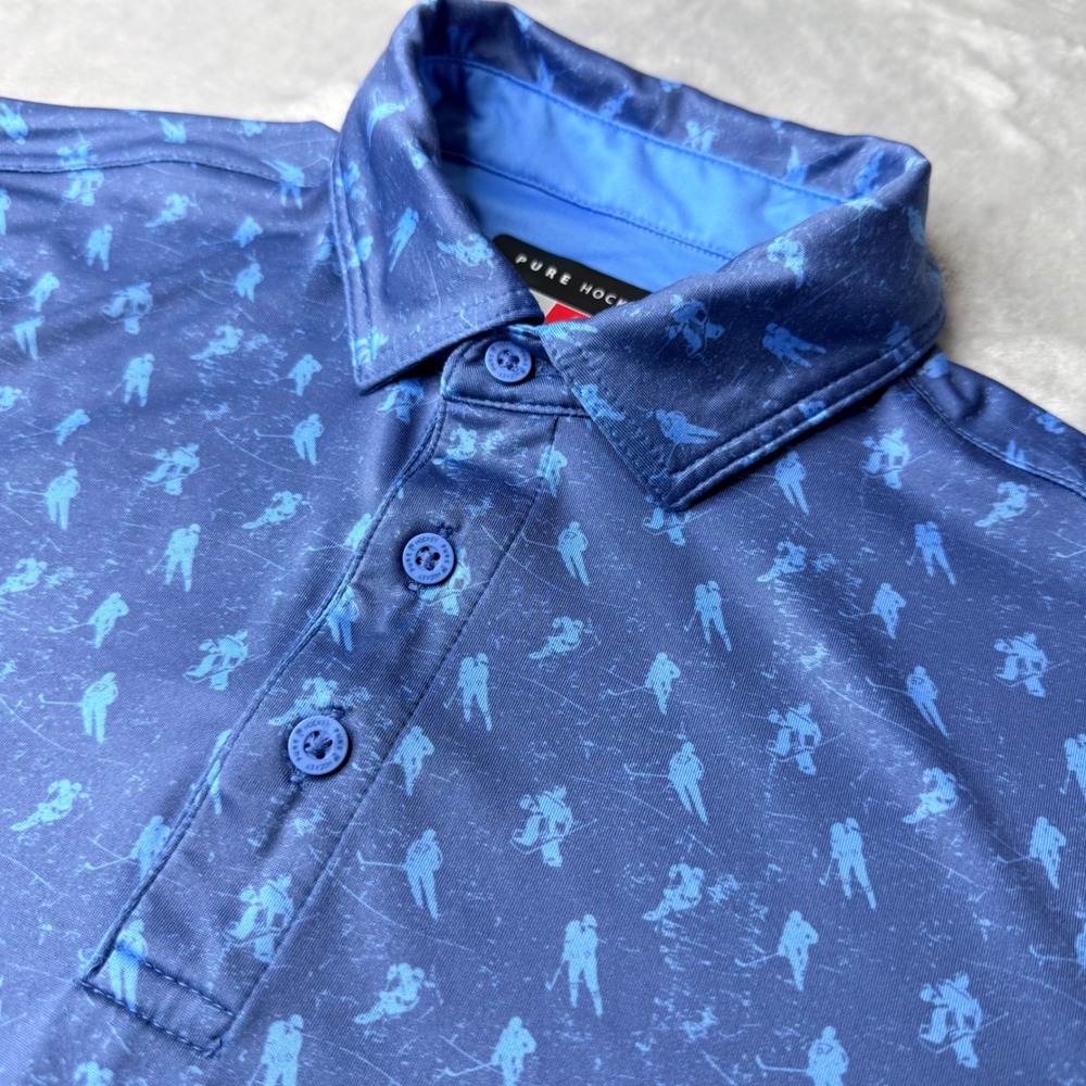 Pure Hockey Mens Blue Ice Hockey Player Print Performance Polo Shirt Small S